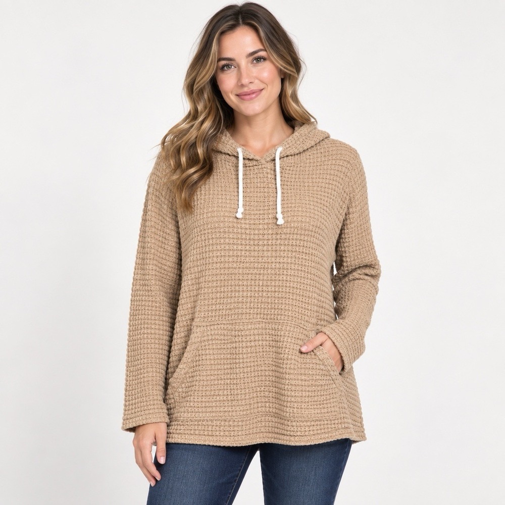 Jodifl Women’s Size Small Tan Waffle Knit Long Sleeve Pullover Hoodie